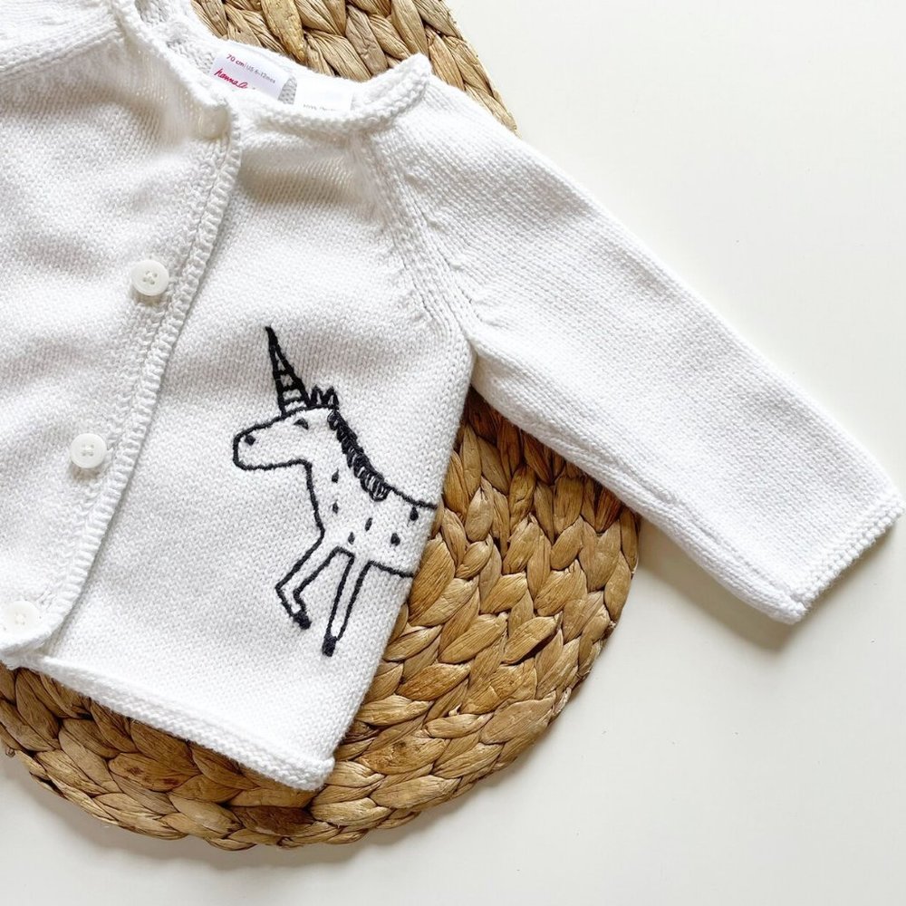 Hanna Andersson Organic White & Black Embroidered Unicorn Sweater Cardigan - Picture 2 of 5